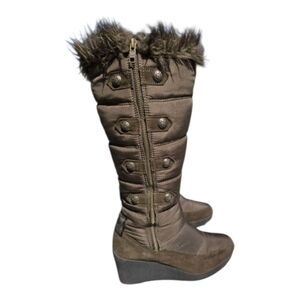 Vintage Juicy Couture Sz 10 olive green knee-high WEDGE Heel boot faux fur trim